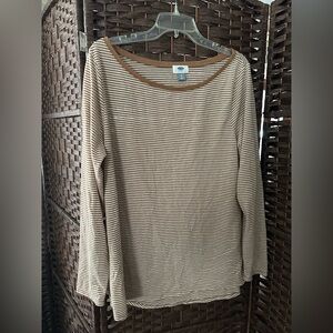 Old Navy Women's Tan and White Striped Long Sleeve Top